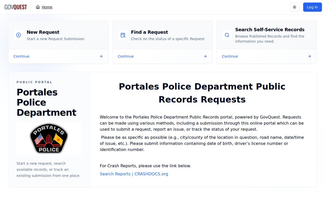 Portales Police public-records portal for Roosevelt County arrest record requests