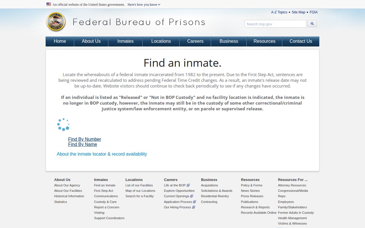Federal Bureau of Prisons inmate locator page for federal custody searches