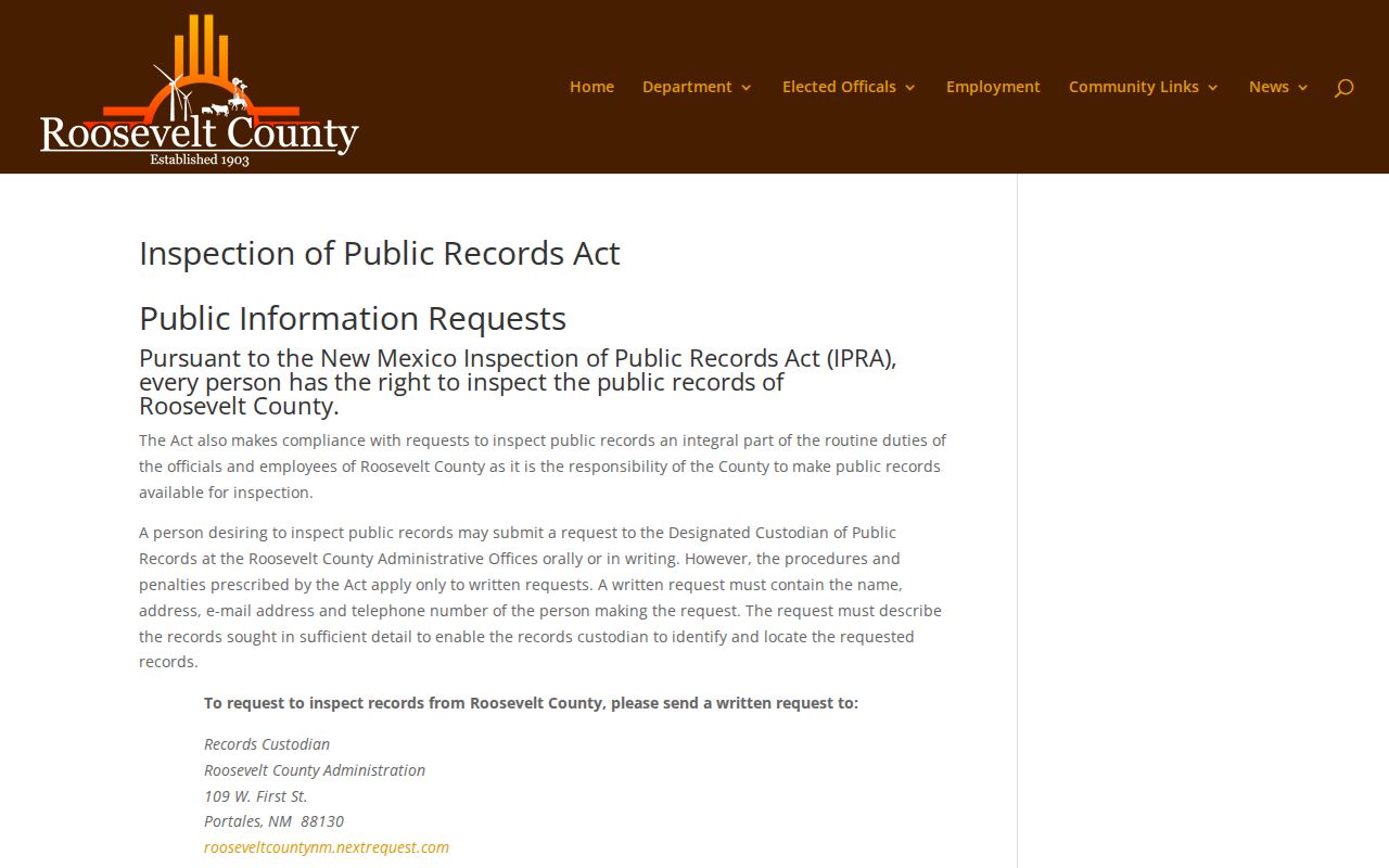 Roosevelt County Inspection of Public Records Act request page