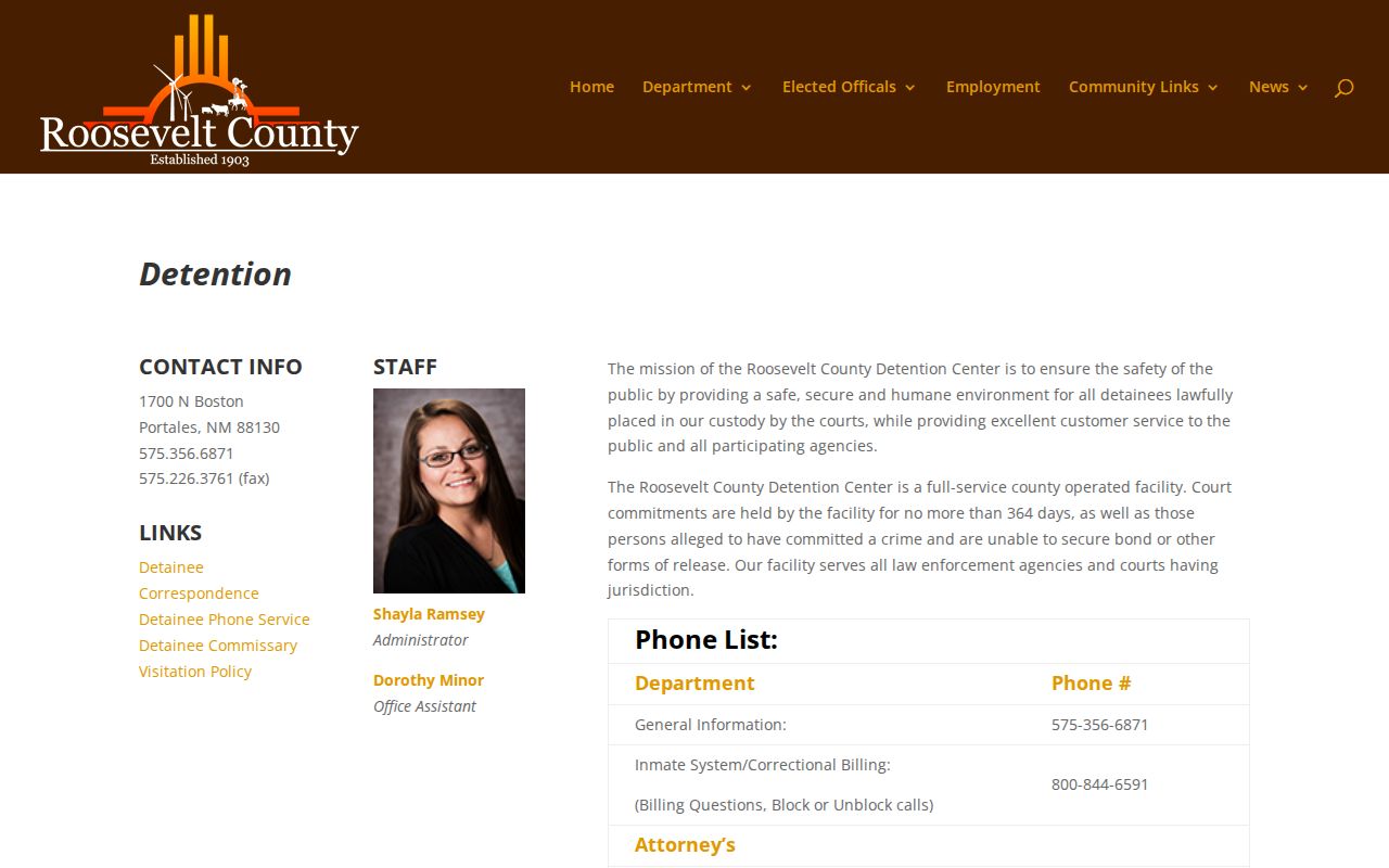Roosevelt County Detention Center official information page