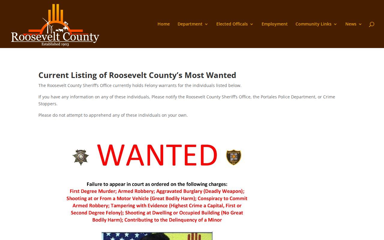 Roosevelt County Sheriff’s Most Wanted official warrant publication